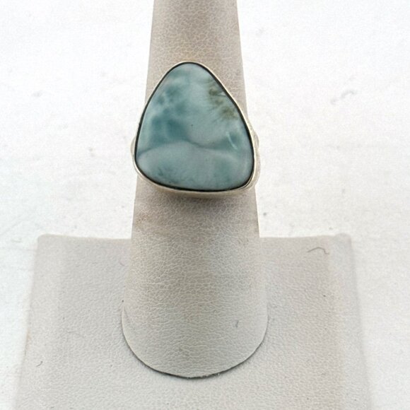 Estate Sterling Silver 925 Larimar Gemstone Ring Size 6.5 Triangle Shape 7.6g - Picture 1 of 8